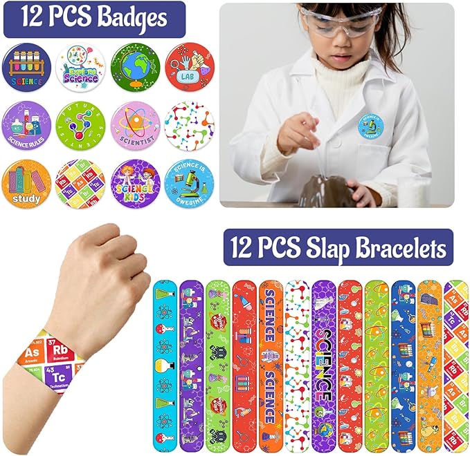98PCS Science Party Favors Scientist Party Supplies with Science Slap Bracelets Science Stickers Science Badge Scientist Keychains Science Temporary Tattoos for Science Lab Party