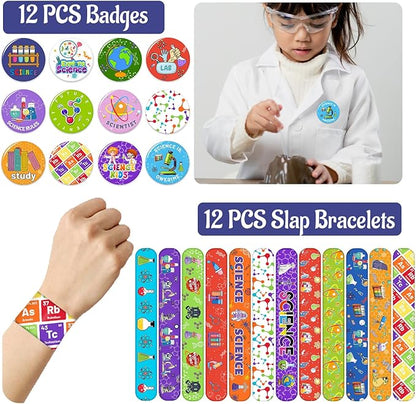 98PCS Science Party Favors Scientist Party Supplies with Science Slap Bracelets Science Stickers Science Badge Scientist Keychains Science Temporary Tattoos for Science Lab Party