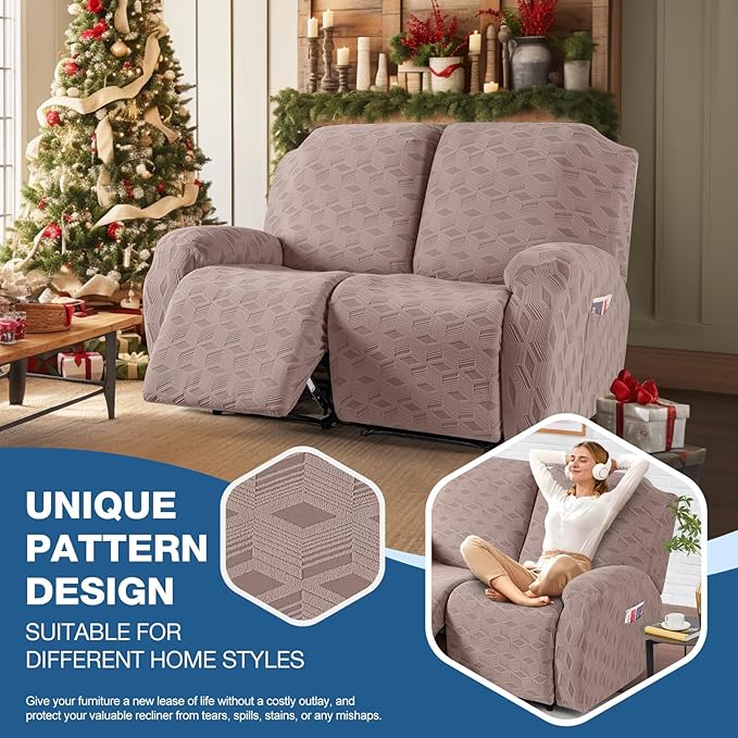 TAOCOCO Recliner Loveseat Cover, Stretch Jacquard Reclining Loveseat Cover Furniture Protector Sofa Slipcovers 2 Seat Recliner Covers with Elastic Bottom for Kids, Pets (Khaki)