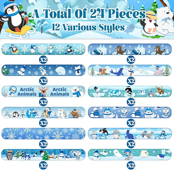 74 PCS Winter Arctic Animal Party Favors, 50 PCS Arctic Animal Stickers 24 PCS Arctic Animal Slap Bracelets Winter Arctic Polar Animal Birthday Party Decorations Supplies for Kids Classroom Rewards