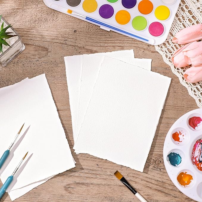 25 Sheets Watercolor Paper, 300 GSM Deckled Edge Paper 5 x 7 inch Rough/Textured Handmade Paper Cotton Paper White Textured Paper for Watercolors, Wedding Invitations, Cards, Crafts