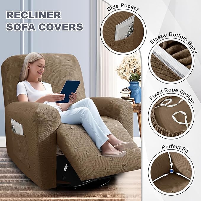 JIVINER Loveseat Recliner Covers, Jacquard 4 Piece Recliner Sofa Cover with Pockets Washable Lazy Boy Reclining Couch Protector with Elastic Bottom (Recliner Loveseat, Brown)
