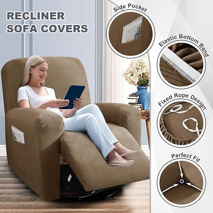 JIVINER Loveseat Recliner Covers, Jacquard 4 Piece Recliner Sofa Cover with Pockets Washable Lazy Boy Reclining Couch Protector with Elastic Bottom (Recliner Loveseat, Brown)