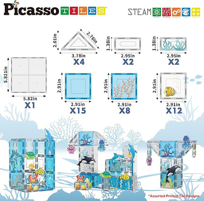 PicassoTiles Magnet Tiles Magnetic Building Blocks Aquarium Marine Animal Theme Set with 8 Character Action Figures Shark Crab Turtle STEM Toys Construction Preschool Toddlers Kids Boys Girls 3+ PTQ15