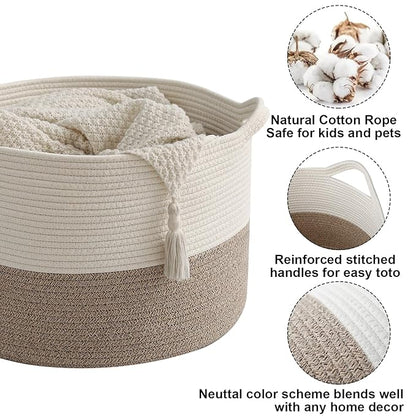 90L Extra Large Blanket Basket,Rope Woven Storage Basket with Handles, Laundry Hamper for Toys, Clothes, Pillows & Towels, Perfect for Living Room, Nursery & Bedroom, White & Brown