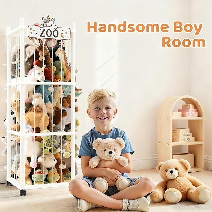 Stuffed Animal Storage Zoo Tower,56In Wooden Large Stuffed Animal Holder Organizer with Wheels,Stuffy Plushies Storage with Elastic Band&Mesh Bottom,Toy Storage Organizers for Playroom Nursery（White）