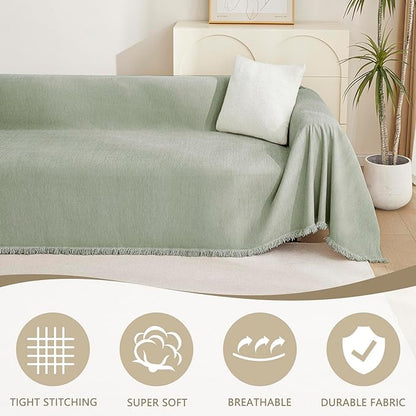 MYSKY HOME Chenille Sofa Slipcovers Sage Green Sofa Covers with Tassel Edge L Shaped Sectional Couch Covers for 3 Cushion Couch, Washable Thick Durable Furniture Protector for Dogs Kids 91"x 134"