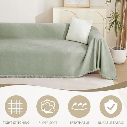 MYSKY HOME Green Sofa Covers Tassel Couch Cover for Pet Dogs Sage Couch Cushion Covers for L Shape Universal Chenille Sofa Throw Cover Washable Sectional Couch Covers for Living Room, 71" X102"