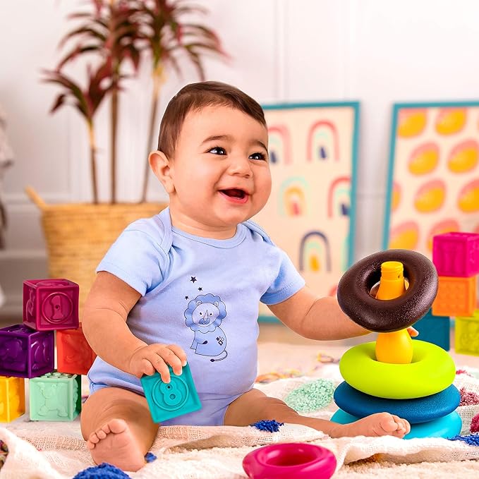 B. toys – Baby Blocks & Stacking – 10 Numbered Blocks & 5 Colorful Rings – Building Play Set for Infants – Educational Toys – One Two Squeeze & Stacking Stones – 6+ Months