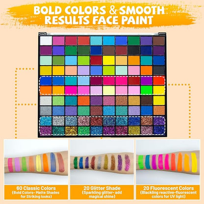 100 Colors Face Painting Kit, Non-Toxic Water Activated Face Paint Palette, Facepaint Makeup Kit with Brushes, Stencils, Gems, for Festivals, Halloween, Carnival, Birthday Parties