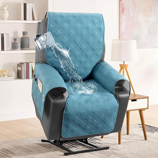 H.VERSAILTEX 100% Waterproof Recliner Chair Cover Non-Slip Sofa Slipcover with Elastic Straps for Pets, Dogs Furniture Protector for Electric Power Lift Recliner Washable with Pocket,Smoke Blue/Beige