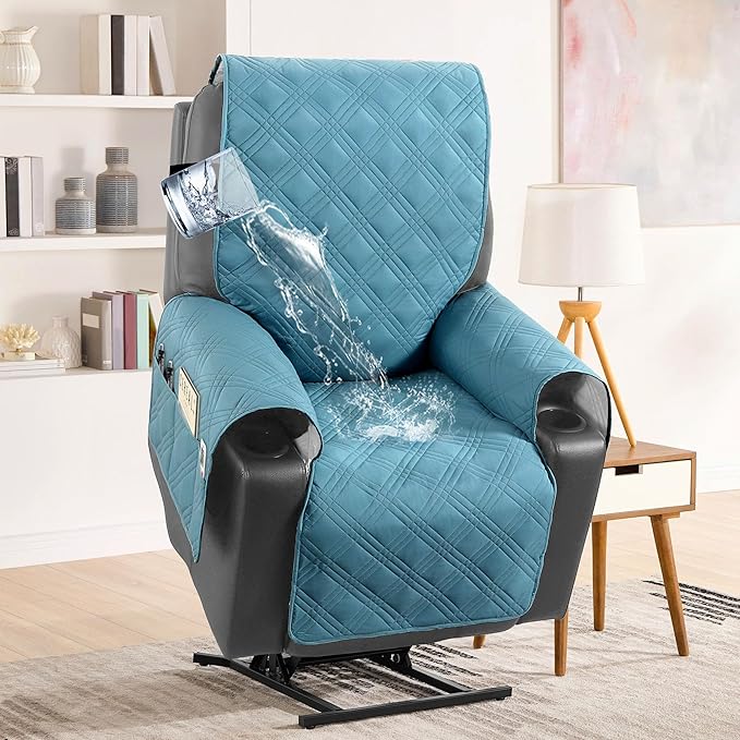 H.VERSAILTEX 100% Waterproof Recliner Chair Cover Non-Slip Sofa Slipcover with Elastic Straps for Pets, Dogs Furniture Protector for Electric Power Lift Recliner Washable with Pocket,Smoke Blue/Beige