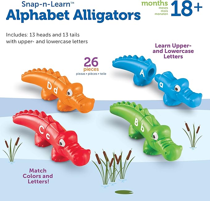 Learning Resources Snap-n-Learn Alphabet Alligators, Fine Motor Toy, 26 Double-Sidedpiece, Ages 18 Months +, Multicolor