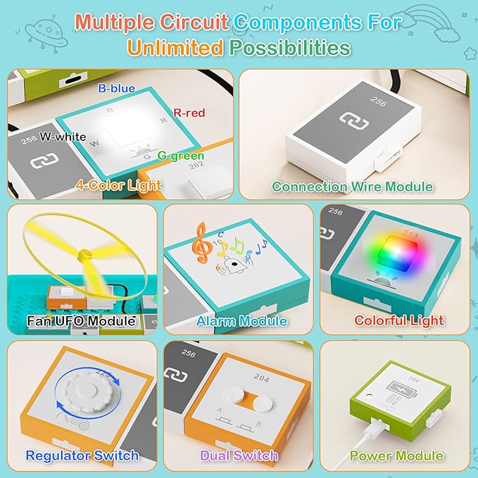 Electronics Exploration Kit, STEM Modularization Circuit Blocks Board with 20 DIY Coloring Scenes, 12 Modules, Full-Color Project Manual, Educational Toy for Kids 8+ (Light Green)