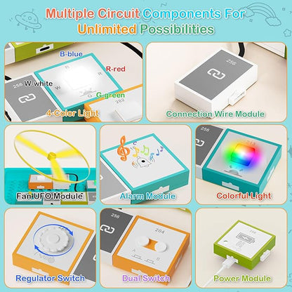 Electronics Exploration Kit, STEM Modularization Circuit Blocks Board with 20 DIY Coloring Scenes, 12 Modules, Full-Color Project Manual, Educational Toy for Kids 8+ (Light Green)