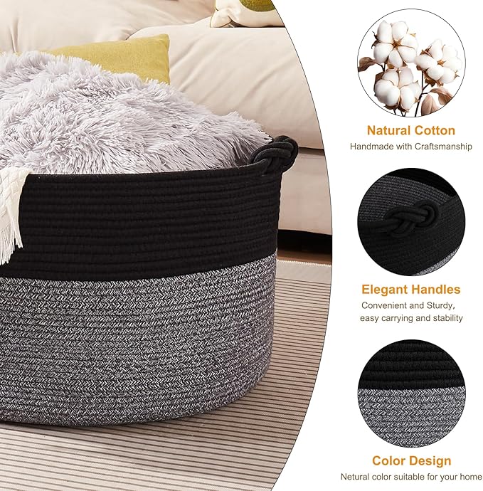OIASKET Large Blanket Storage Basket for Living Room, 22.8" x 22.8" x 13" Woven Cotton Rope Basket with Handles, Baby Toy Storage, Laundry Hamper for Clothes, Pillows, Towels-Black and Grey
