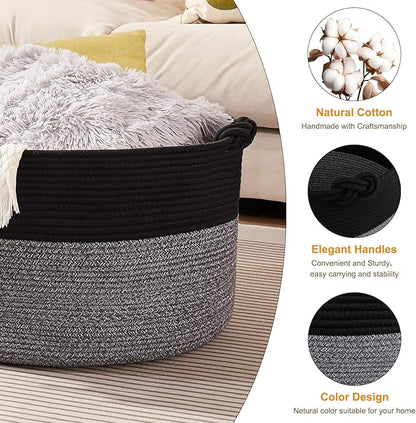 OIASKET Large Blanket Storage Basket for Living Room, 22.8" x 22.8" x 13" Woven Cotton Rope Basket with Handles, Baby Toy Storage, Laundry Hamper for Clothes, Pillows, Towels-Black and Grey