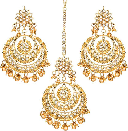 Aheli Bollywood Ethnic Chandbali Style Big Earrings Maang Tikka Set Traditional Fashion Jewelry Gift for Women