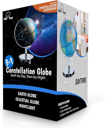 USA Toyz Illuminated World Globe with Stand - 3in1 STEM Globes for Adults and Kids, Constellation Map, Built-In LED Night Light Lamp, Easy to Read Texts, Non-Tip Base, 13.5 Inch Tall, 9 Inch Diameter