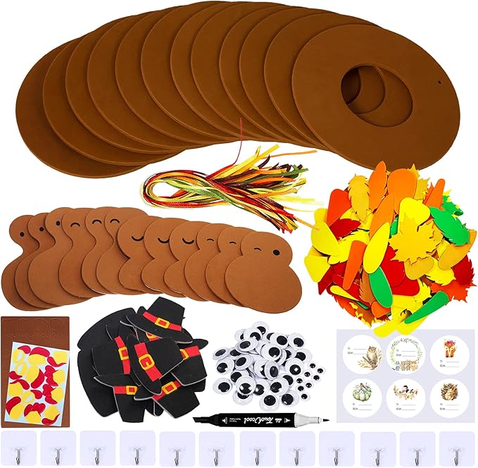 Winlyn 12 Sets Thanksgiving Wreath Signs Decorations Art Sets DIY Thanksgiving Craft Kits Give Thanks Turkey Fall Maple Leaf Foam Stickers Googly Eyes for Kids Party School Home Classroom Activities