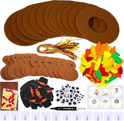 Winlyn 12 Sets Thanksgiving Wreath Signs Decorations Art Sets DIY Thanksgiving Craft Kits Give Thanks Turkey Fall Maple Leaf Foam Stickers Googly Eyes for Kids Party School Home Classroom Activities