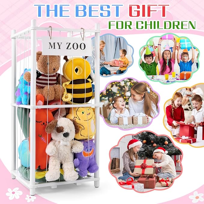 GLDZI Stuffed Animal Storage Zoo, Wooden Stuffed Animal Organizer with Elastic Cords for Boys Girls, Space Saving Toy Plushies Storage Holder for Playroom, Bedroom, Living Room (White, Small)