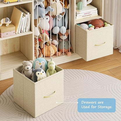 EXPERLAM Toy Storage Organizer with Stuffed Animal Storage, Wooden Toy Organizer & Stuffed Animal Zoo, 6 Cubes Shelf with Removable Drawers, 4 -in-1 Book Shelf for Kids Room, Playroom, Nursery
