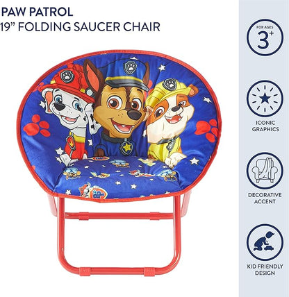 Idea Nuova Paw Patrol Chase, Rubble and Marshall Toddler 19” Folding Saucer™ Chair with Metal Frame, Ages 3+