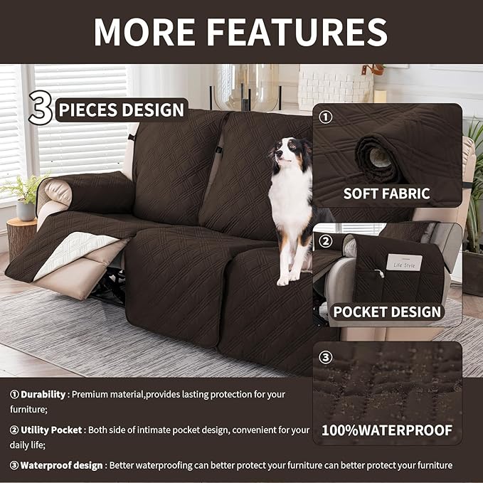 Easehomey Waterproof Recliner Sofa Cover,Non-Slip Reclining Sofa Covers for 3 Seat,Washable Reclining Sofa Cover Furniture Protector with Elastic Straps Pocket for Kids, Pets(Chocolate,3Seat)