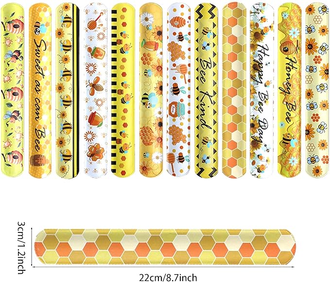 48pcs Bee Slap Bracelets Honeycomb Wristbands Assorted Color Bee Theme Party Favors Sunflower Wristband Honeybee Yellow Bee Birthday Slap Bands Baby Shower for Classroom Prizes
