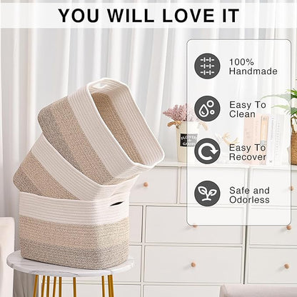 ICERZCZ Storage Baskets for Organizing Shelves, Woven Cotton Rope Bins for Baby Nursery Organization, Book Toy Towel Organizer, 15"x11"x9.5", 3 Packs, Gradient Brown