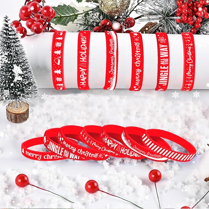 Morcheiong 42 Pieces Christmas Rubber Bracelets 7 Classic Design Silicone Wristbands for Merry Xmas Party Favors (Red)