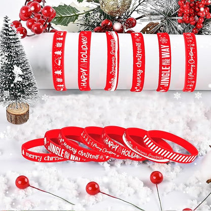 Morcheiong 42 Pieces Christmas Rubber Bracelets 7 Classic Design Silicone Wristbands for Merry Xmas Party Favors (Red)