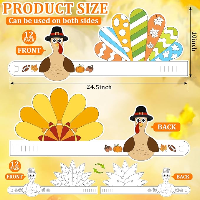 Color Your Own Turkey Crowns,24Pcs Thanksgiving Turkey Coloring Crowns Paper Turkey Hats Thanksgiving Crafts for Kids Family Classroom School and Holiday Craft Activity