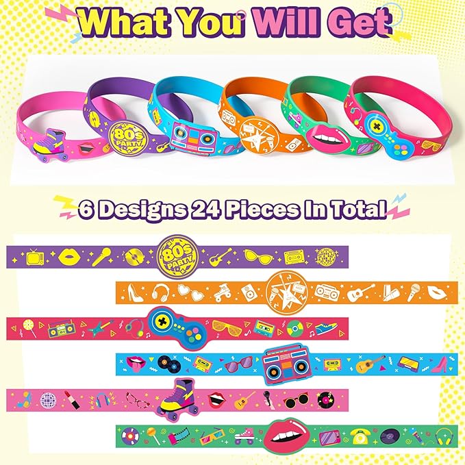 24 Pcs 90s 80s Party Favors Birthdays Supplies Silicone Bracelets Toy Gift Kid Teen Retro Classroom Prize Adult Disco Christmas Easter Hip Hop 80s Accessories 90s Theme Party Decorations