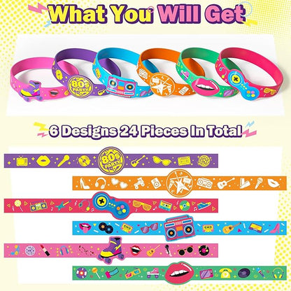 24 Pcs 90s 80s Party Favors Birthdays Supplies Silicone Bracelets Toy Gift Kid Teen Retro Classroom Prize Adult Disco Christmas Easter Hip Hop 80s Accessories 90s Theme Party Decorations