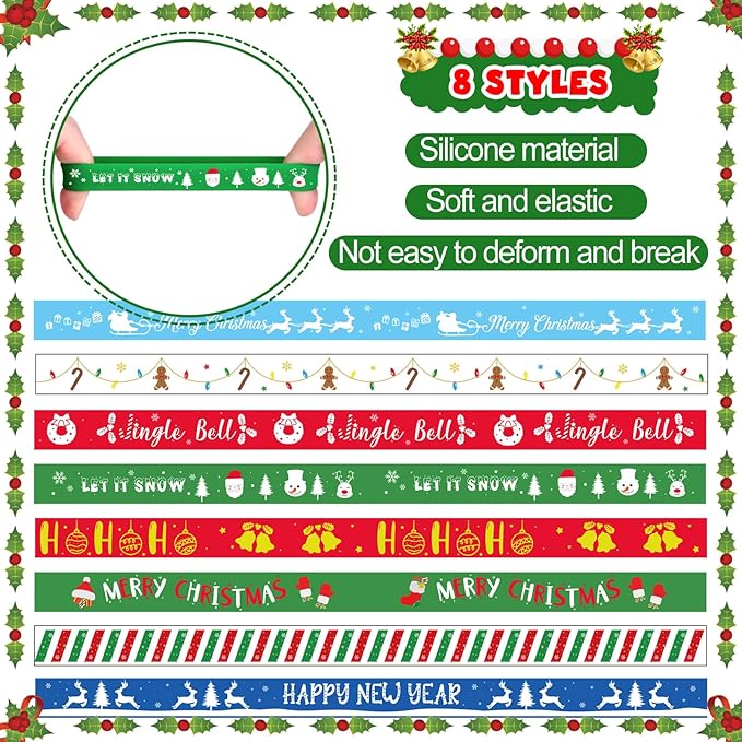 NEBURORA 48pcs Christmas Wristband Silicone Bracelets for Kids 8 Style Xmas Pattern Rubber Wristband Wrist Band Bulk for Merry Christmas Classroom Gifts Theme Party Decor Supplies Favor