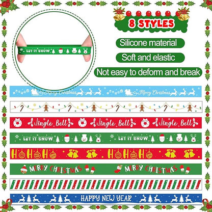 NEBURORA 48pcs Christmas Wristband Silicone Bracelets for Kids 8 Style Xmas Pattern Rubber Wristband Wrist Band Bulk for Merry Christmas Classroom Gifts Theme Party Decor Supplies Favor