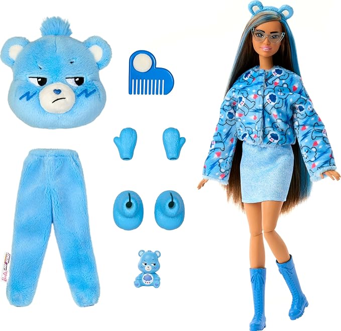 Barbie Cutie Reveal Care Bears Series Doll & Accessories Set with Grumpy Bear Plush Costume & 10 Surprises Including Color Change & Mini Bear