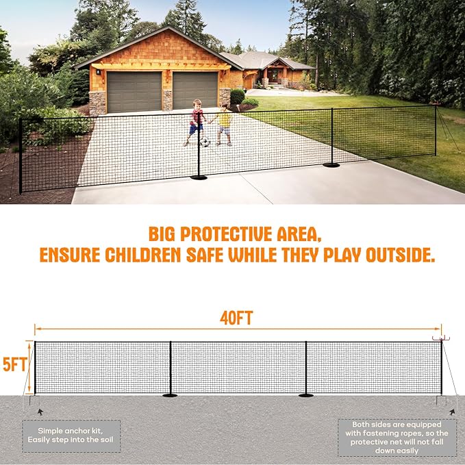 40FT x 5FT Driveway Safety Net Fence, Outdoor Yard Play Area Safety Barrier for Kids| Heavy Duty Steel Poles & Net, Not Fall Down Easily | Guard Net Length Adjustable, Easy to Recycle and Install