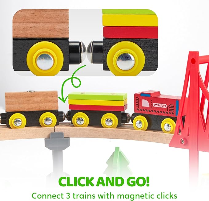 60PCS Wooden Train Set - Construction Express, Engineering Railway with Magnetic Crane, Trains & Accessories, Perfect Christmas Birthday Party Toy Gift for Kids Toddlers Boys Girls Ages 2-8
