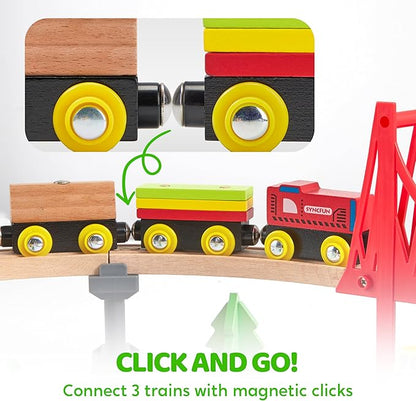 60PCS Wooden Train Set - Construction Express, Engineering Railway with Magnetic Crane, Trains & Accessories, Perfect Christmas Birthday Party Toy Gift for Kids Toddlers Boys Girls Ages 2-8