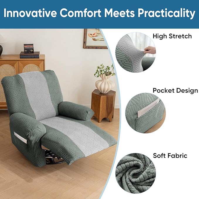 Lavish Cover Jacquard Recliner Chair Cover, Stretch Recliner Slipcover, Lazy Boy Recliner Sofa Protector, Furniture Cover for Pets and Scratches(Recliner,Green+LightGrey)