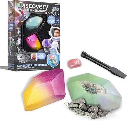 Discovery #MINDBLOWN Mini Unearthed Gemstones Dig Set, 2 Pack Excavation Kit w/Chisel, App & Poster, Interactive Archaeology Geology Experiment, Fun & Educational Science STEM Toy for Kids 6+
