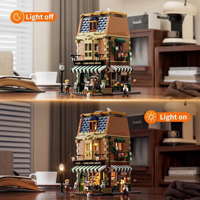 Funwhole Book-Cafe Lighting Building-Bricks Set - City Town Coffee House LED Light Modular Construction Building Model Sets 1718 Pcs for Adults and Teen