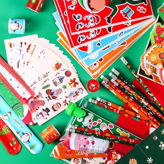 BenLouis Christmas School Stationery Set Party Favors Xmas Classroom Gift Prizes Bulk for Students Kids Holiday Stockings Pinata Filler Christmas School Goodie Bag Stuffers Decor（12set Christmas）