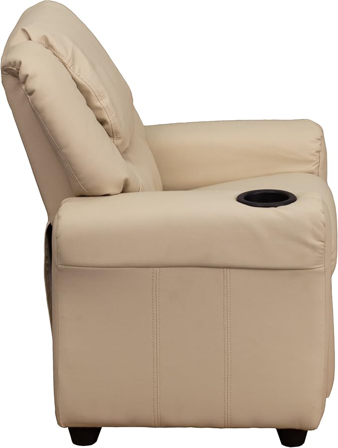 Flash Furniture Vana Vinyl Kids Recliner with Cup Holder, Headrest, and Safety Recline, Contemporary Reclining Chair for Kids, Supports up to 90 lbs., Beige
