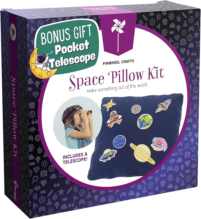 Pinwheel Crafts Beginner Sewing Kit for Kids 8-12 with Telescope - Astronomy Solar System Easy Sew Space Pillow Kit with Planet Patches - Make Your Own Plush Craft