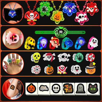 84 PCS Halloween Party Favors for Kids, Halloween Glow in the Dark Toys Rotating Spin Light Up Necklaces LED Rings Bracelets Decorations, Halloween Trick or Treats Goodie Bag Fillers Party Supplies