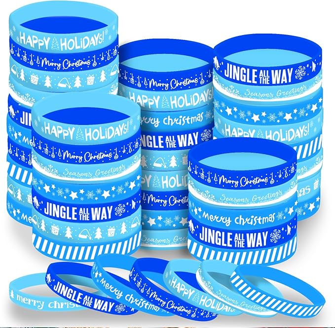 Morcheiong 42 Pieces Christmas Rubber Bracelets 7 Classic Design Silicone Wristbands for Merry Xmas Party Favors (Blue)